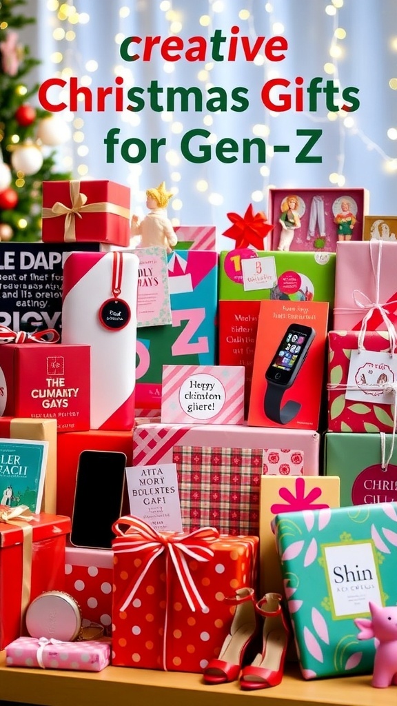 A collection of unique Christmas gifts for Gen Z, showcasing tech gadgets and eco-friendly products in a festive setting.